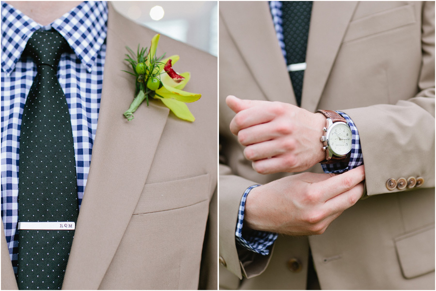 groom in southern blue gingham shirt and khaki suit