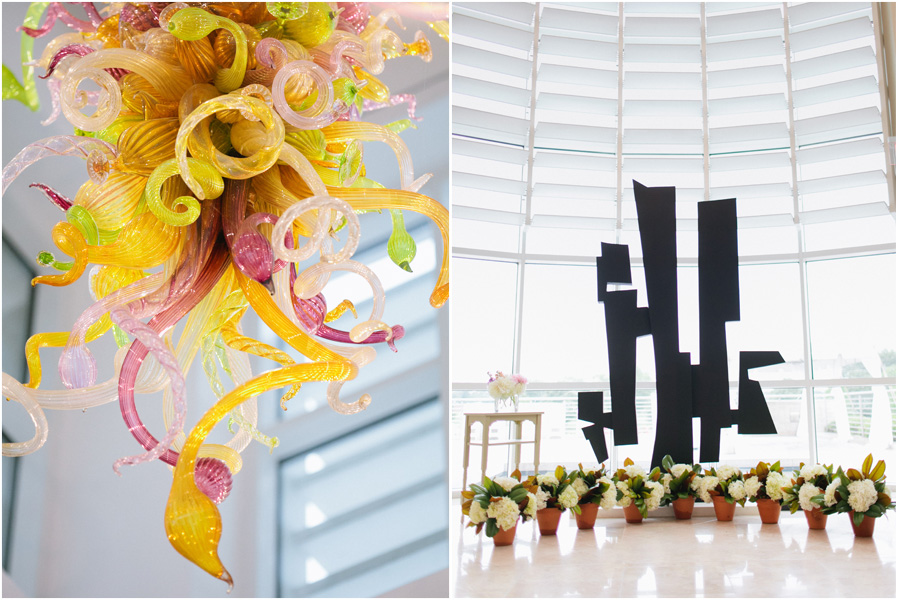 dave chihuly chandelier above wedding ceremony