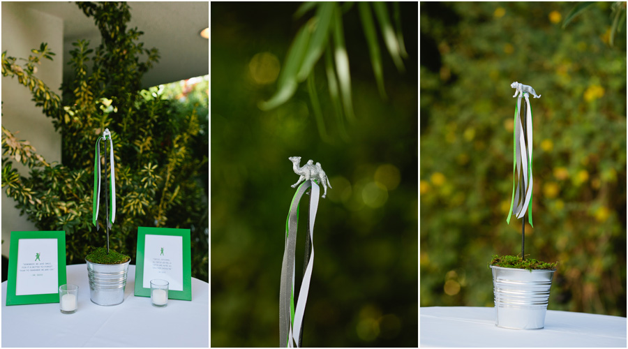 DIY wedding decor with plastic animals and ribbons