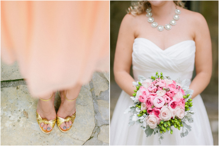 pink wedding bouquet and gold shoes